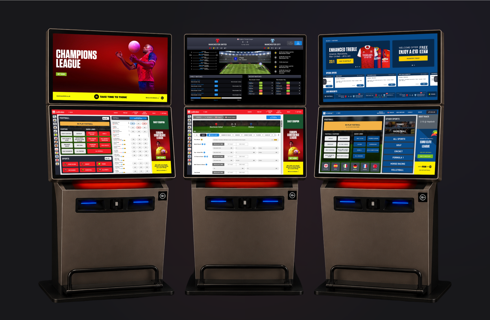 BetStation terminal screens showing football betting, competition navigation, and live match event interfaces